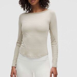 NEW! Lululemon Hold Tight Boatneck Long-Sleeve Shirt Ivory/Oak Stripe Shirt 4